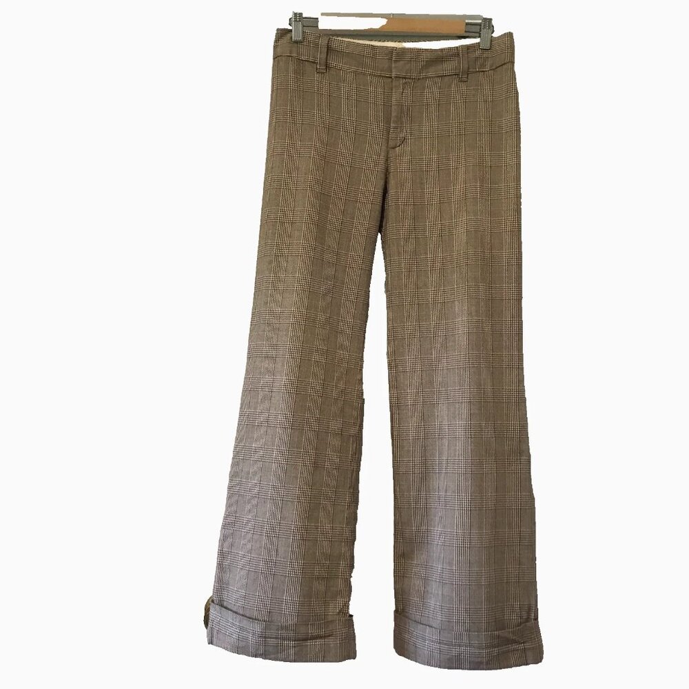 Vintage Gap Wide Leg Checkered Plaid Trouser Stretch Cuffed Pant Tan 6 Ankle